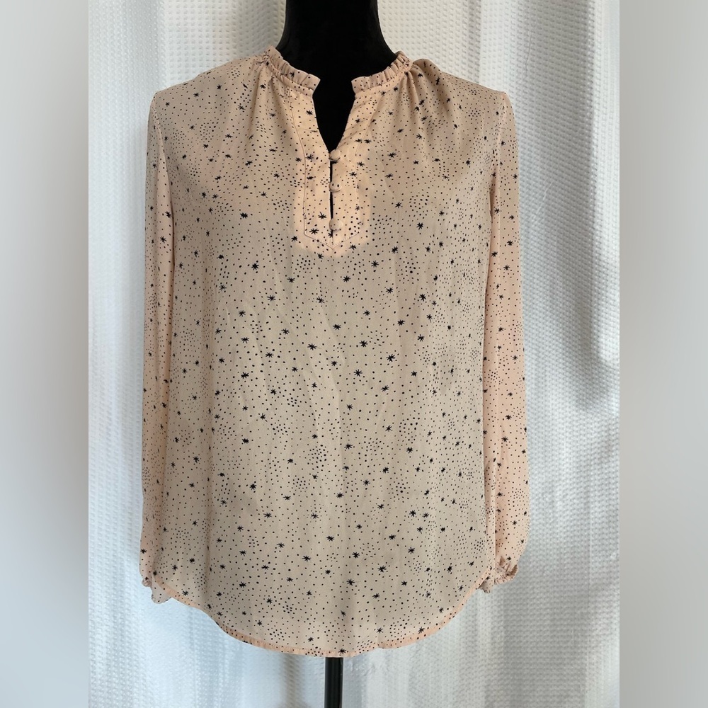 Loft pink & black ruffle v-neck long sleeve blouse size small